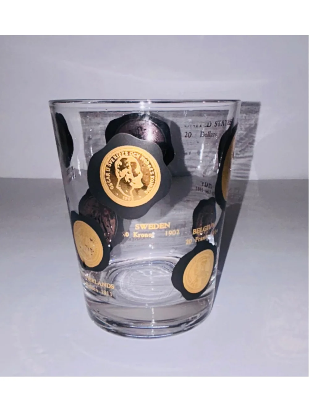 VTG Libbey 22k Gold “Coins Around the World” MCM Whiskey Glasses Set 6 Barware